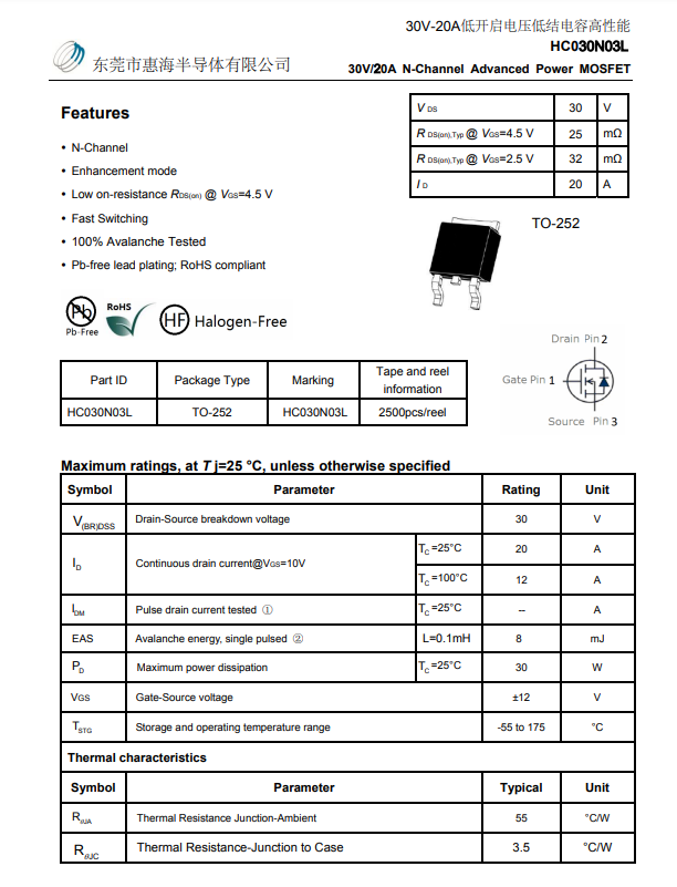 HC030N03L 30V20A 20N03 NͨЧ(yng)MOS TO-252Сweb ԃr ̓(ni)